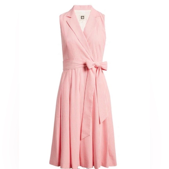 Anne Klein Seersucker Wrap-Style Fit & Flare Dress - Picture 2 of 5